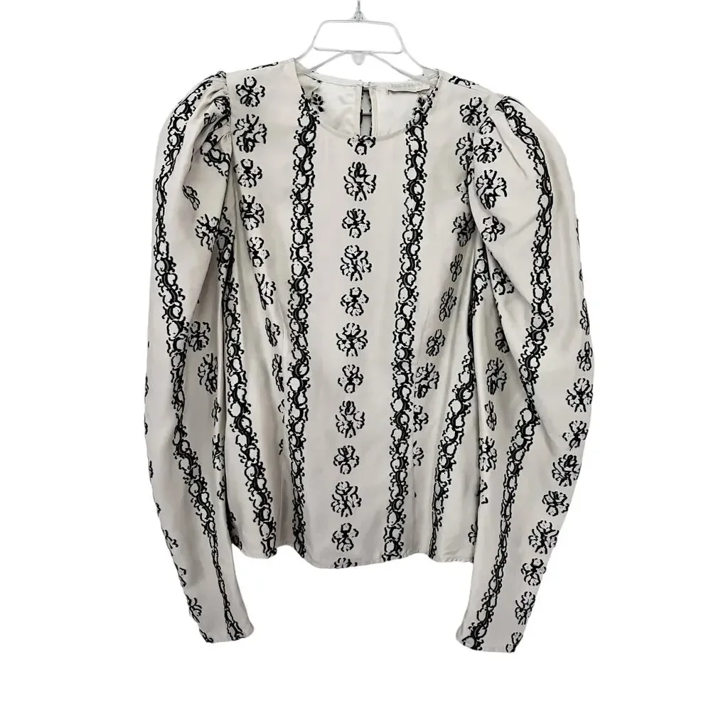 Ulla Johnson Layla Silk Floral Embroidered Puff Sleeve Ivory Blouse Size 8